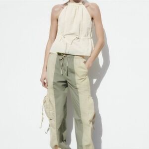 Zara Balloon Parachute Cargo Jogger High Waist Cream Olive Pant Drawstring